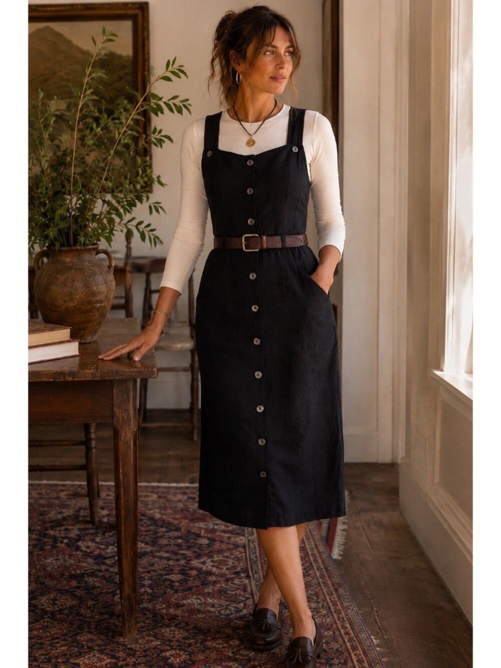 Vintage 90s Olsen Collection Linen Jumper Sz 10 Black Midi Pinafore Minimalist